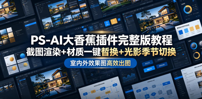 PS-AI大香蕉插件完整版教程，截图渲染+材质一键替换+光影季节切换，室内外效果图高效出图高阶课程-阿牛笔记