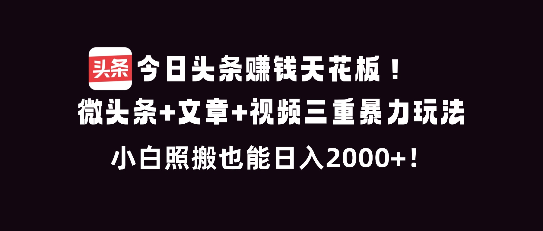 今日头条赚钱天花板！微头条+文章+视频三重暴利玩法，小白照搬也能日人2000+-阿牛笔记