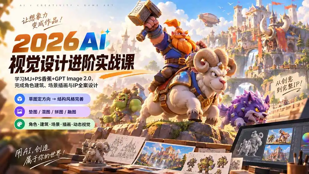 2026AI视觉设计进阶实战课-更新：学习MJ+PS香蕉+GPT Image 2.0，完成角色建筑、场景插画与IP全案设计-阿牛笔记