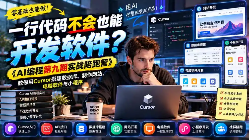 一行代码不会也能开发软件?《AI编程第九期实战陪跑营》教你用Cursor搭建数据库、制作网站、电脑软件与小程序-阿牛笔记