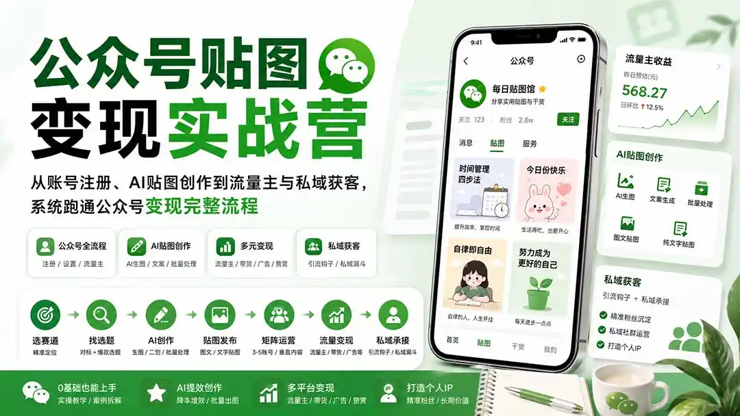 公众号贴图变现实战营：从账号注册、AI贴图创作到流量主与私域获客，系统跑通公众号变现完整流程-阿牛笔记