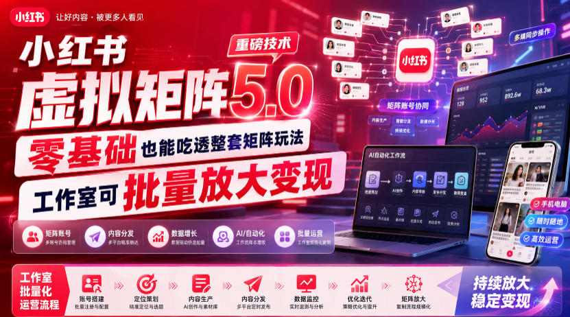 小红书虚拟矩阵5.0重磅技术,零基础也能吃透整套矩阵玩法,工作室可批量放大变现-阿牛笔记