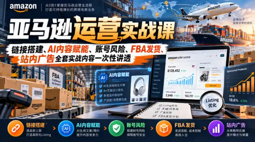 亚马逊运营实战课,链接搭建、AI内容赋能、账号风险、FBA发货、站内广告全套实战内容一次性讲透-阿牛笔记