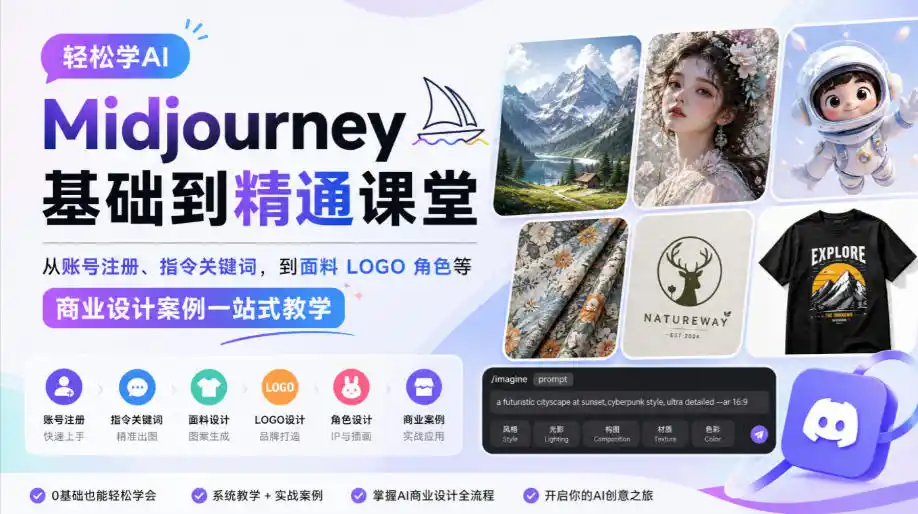 轻松学AI Midjourney基础到精通课堂，从账号注册、指令关键词，到面料LOGO角色等商业设计案例一站式教学-阿牛笔记