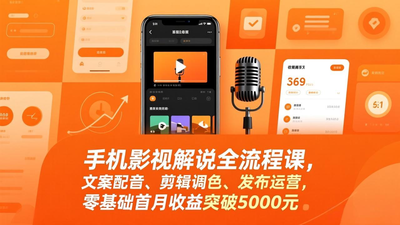 手机影视解说全流程课，文案配音、剪辑调色、发布运营，零基础首月收益突破5000元-阿牛笔记