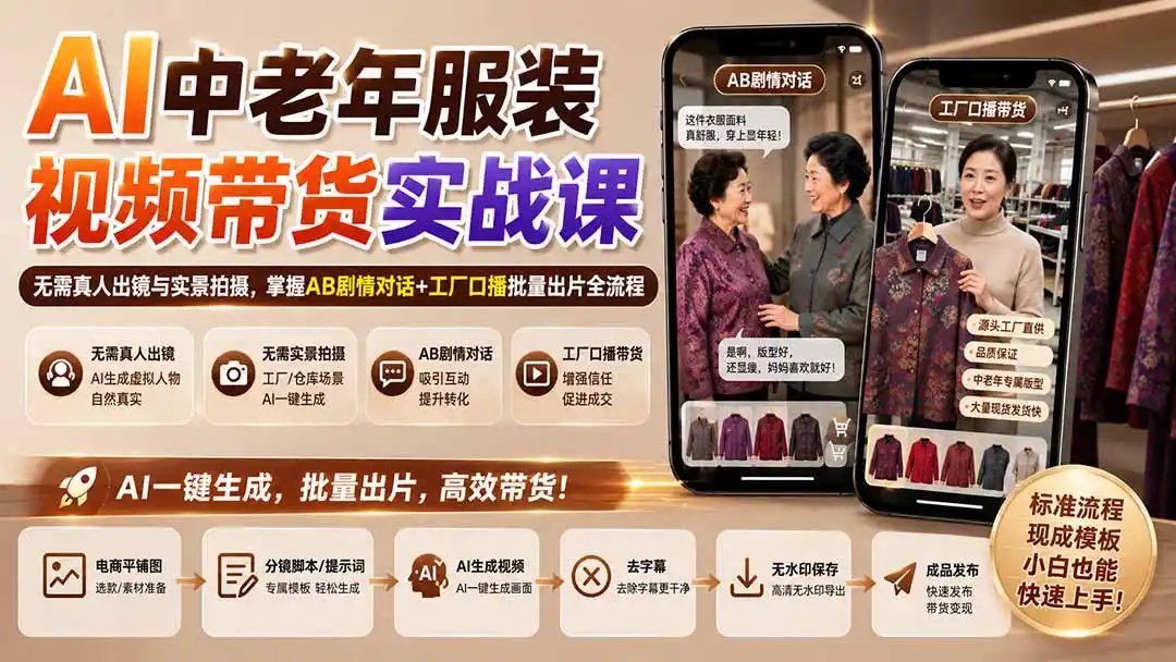 AI中老年服装视频带货实战课:无需真人出镜与实景拍摄,掌握AB剧情对话+工厂口播批量出片全流程-阿牛笔记