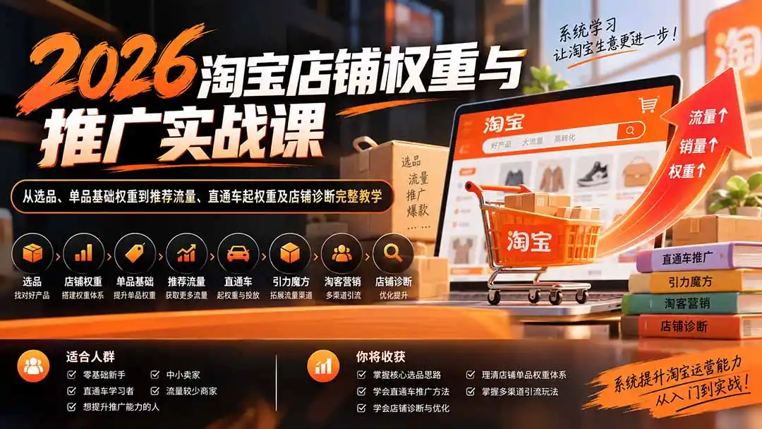 2026淘宝店铺权重与推广实战课：从选品、单品基础权重到推荐流量、直通车起权重及店铺诊断完整教学-阿牛笔记