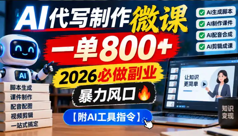 AI代写制作微课,一单800+,2026必做副业,暴力风口【附AI工具指令】【揭秘】-阿牛笔记