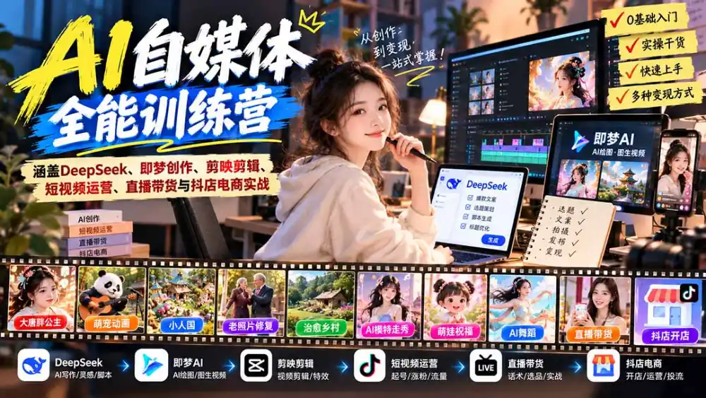 【无水印】AI+自媒体全能训练营：涵盖DeepSeek、即梦创作、剪映剪辑、短视频运营、直播带货与抖店电商实战-阿牛笔记