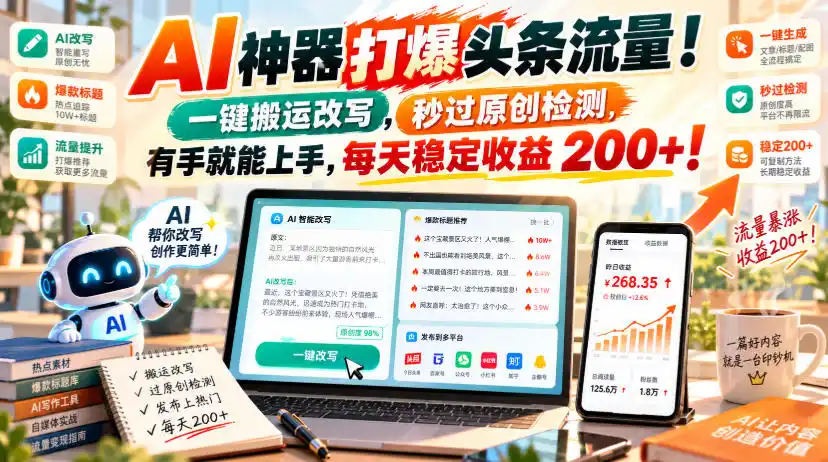 AI神器打爆头条流量，一键搬运改写，秒过原创检测，有手就能上手，每天稳定收益200+！【揭秘】-阿牛笔记