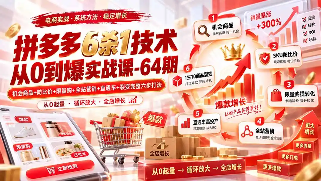 拼多多6杀1技术从0到爆实战课-64期:机会商品+防比价+限量购+全站营销+直通车+裂变完整六步打法-阿牛笔记