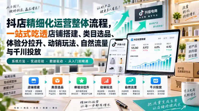 李哥电商-抖店精细化运营整体流程,一站式吃透店铺搭建、类目选品、体验分拉升、动销玩法、自然流量与千川投放 李哥电商-抖店精细化运营整体流程,一站式吃透店铺搭建、类目选品、体验分拉升、动销玩法、自然流量与千川投放
