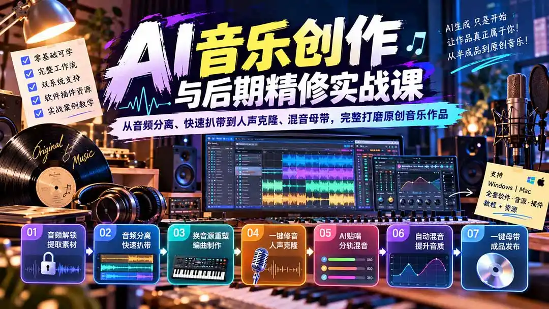 AI音乐创作与后期精修实战课:从音频分离、快速扒带到人声克隆、混音母带,完整打磨原创音乐作品 AI音乐创作与后期精修实战课:从音频分离、快速扒带到人声克隆、混音母带,完整打磨原创音乐作品
