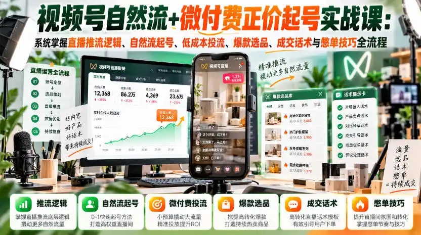 视频号自然流+微付费正价起号实战课：系统掌握直播推流逻辑、自然流起号、低成本投流、爆款选品、成交话术与憋单技巧全流程-阿牛笔记