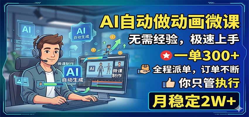 AI自动做动画微课，一单300+，全程派单，你只管执行，月稳定2W+-阿牛笔记