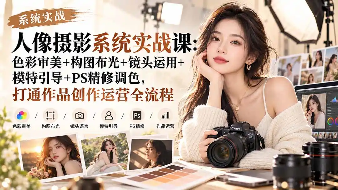 【无水印】人像摄影系统实战课：色彩审美+构图布光+镜头运用+模特引导+PS精修调色，打通作品创作运营全流程-阿牛笔记