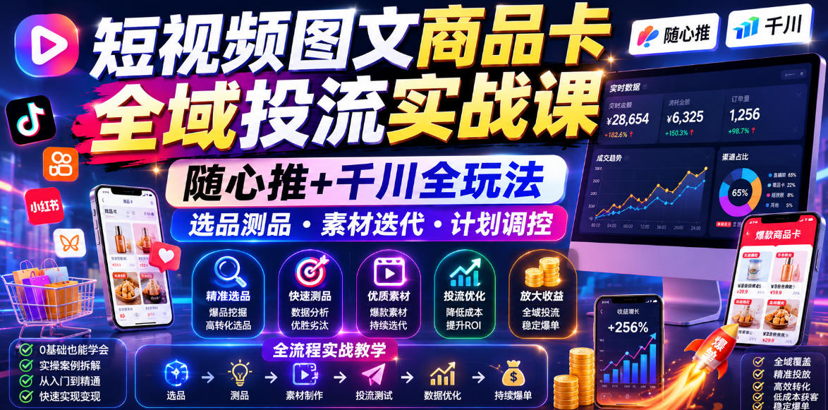 短视频图文商品卡全域投流实战课，随心推+千川全玩法，选品测品・素材迭代・计划调控，提升ROI爆单增收教程-阿牛笔记