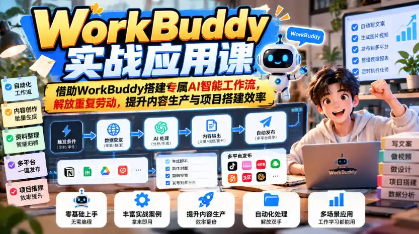 WorkBuddy实战应用课,借助WorkBuddy搭建专属AI智能工作流,解放重复劳动,提升内容生产与项目搭建效率-阿牛笔记