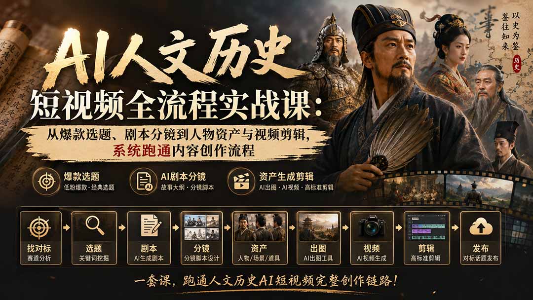 AI人文历史短视频全流程实战课：从爆款选题、剧本分镜到人物资产与视频剪辑，系统跑通内容创作流程-阿牛笔记