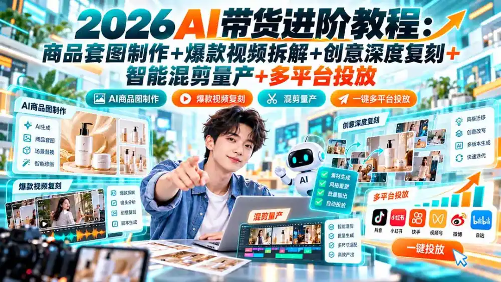 2026AI带货进阶教程：商品套图制作+爆款视频拆解+创意深度复刻+智能混剪量产+多平台投放-阿牛笔记