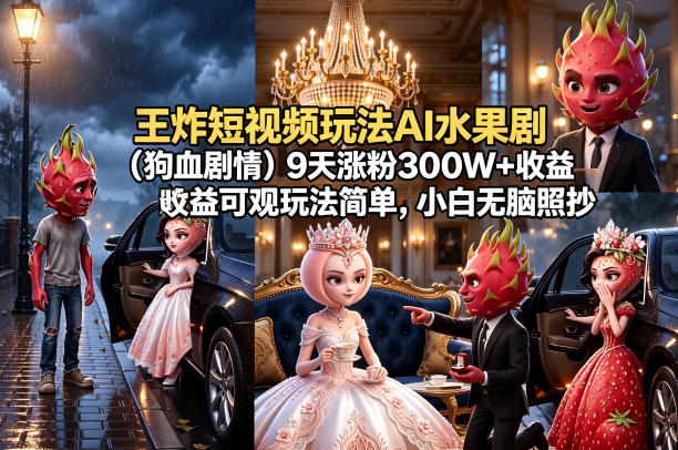 王炸短视频玩法AI水果剧(狗血剧情)9天涨粉300W+收益可观玩法简单，小白无脑照抄，详细拆解玩法-阿牛笔记