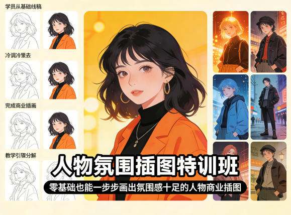 人物氛围插图特训班，零基础也能一步步画出氛围感十足的人物商业插图-阿牛笔记