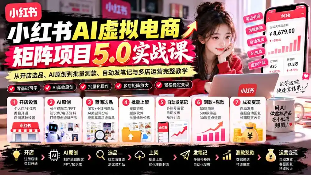 小红书AI虚拟电商矩阵5.0实战课：从开店选品、AI原创到批量测款、自动发笔记与多店运营完整教学-阿牛笔记