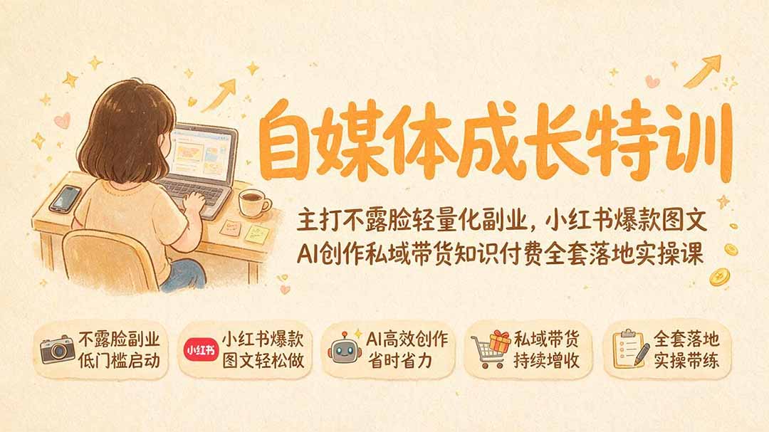 自媒体成长特训｜主打不露脸轻量化副业，小红书爆款图文AI创作私域带货知识付费全套落地实操课-阿牛笔记