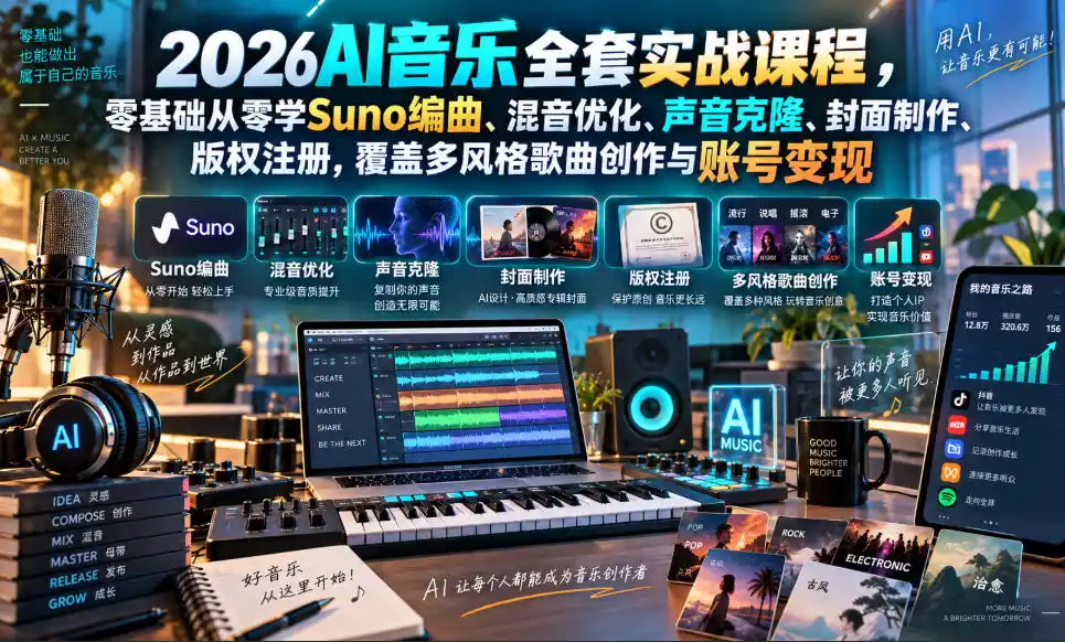 2026AI音乐实战课程，零基础从零学Suno编曲、混音优化、声音克隆、版权注册，覆盖多风格歌曲创作与账号变现-阿牛笔记