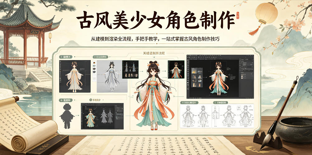 古风美少女角色制作，从建模到渲染全流程，手把手教学，一站式掌握古风角色制作技巧-阿牛笔记