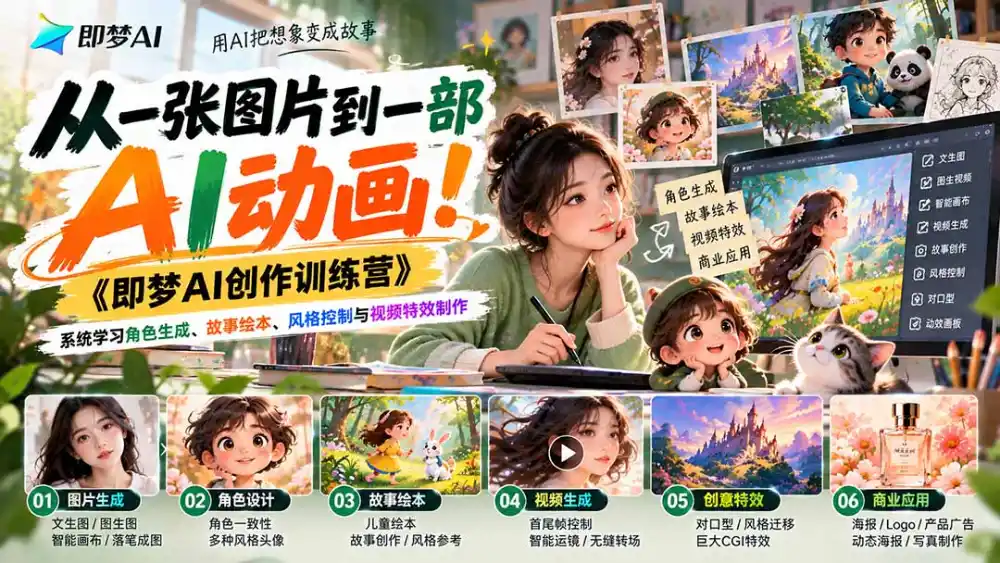 【无水印】从一张图片到一部AI动画！《即梦AI创作训练营》系统学习角色生成、故事绘本、风格控制与视频特效制作-阿牛笔记