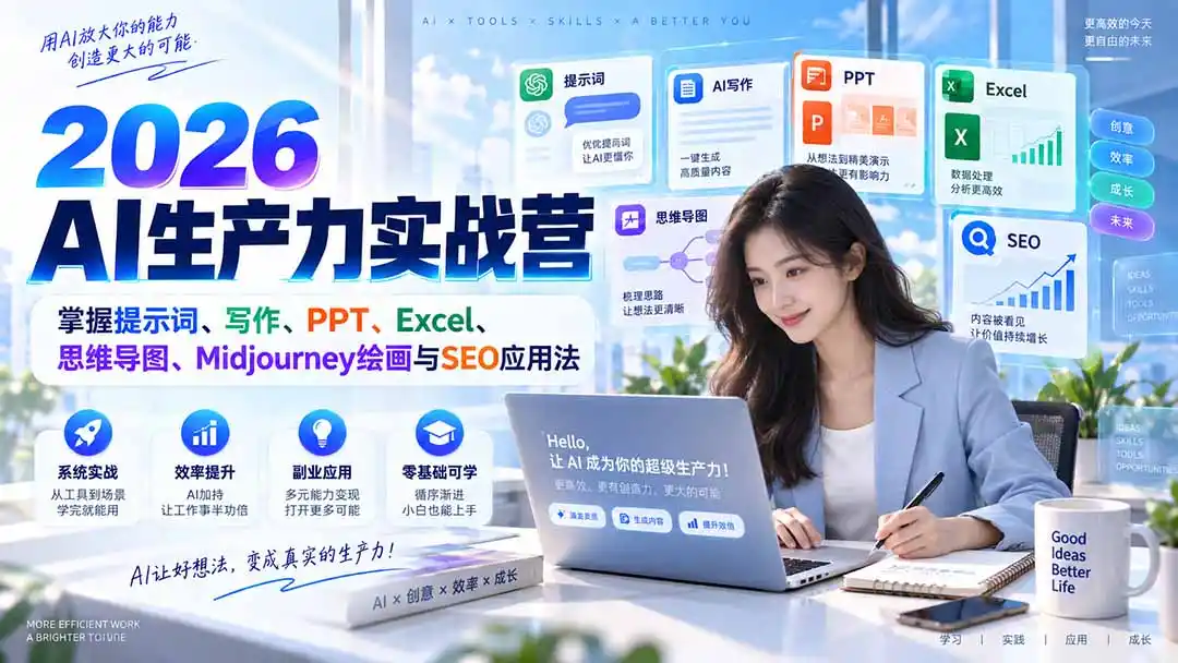2026AI生产力实战营:掌握提示词、写作、PPT、Excel、思维导图、Midjourney绘画与SEO应用法-阿牛笔记