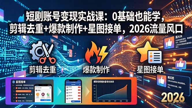 短剧账号变现实战课：0基础也能学，剪辑去重+爆款制作+星图接单，2026流量风口-阿牛笔记