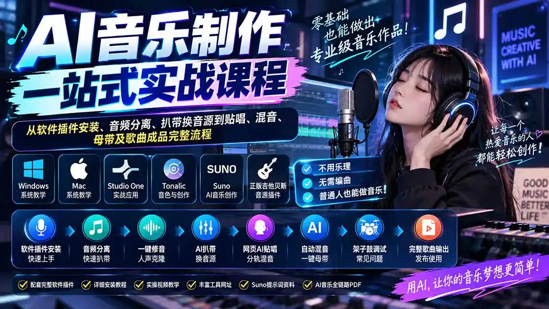 AI音乐制作一站式实战课程：从软件插件安装、音频分离、扒带换音源到贴唱、混音、母带及歌曲成品完整流程-阿牛笔记