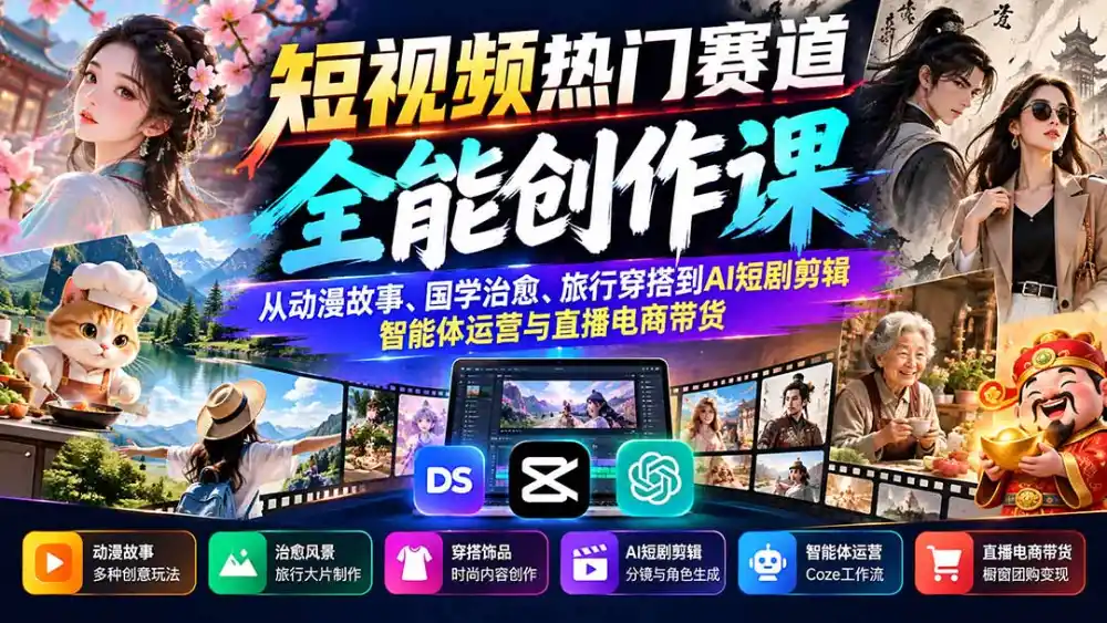 短视频热门赛道全能创作课:从动漫故事、国学治愈、旅行穿搭到AI短剧剪辑、智能体运营与直播电商带货-阿牛笔记