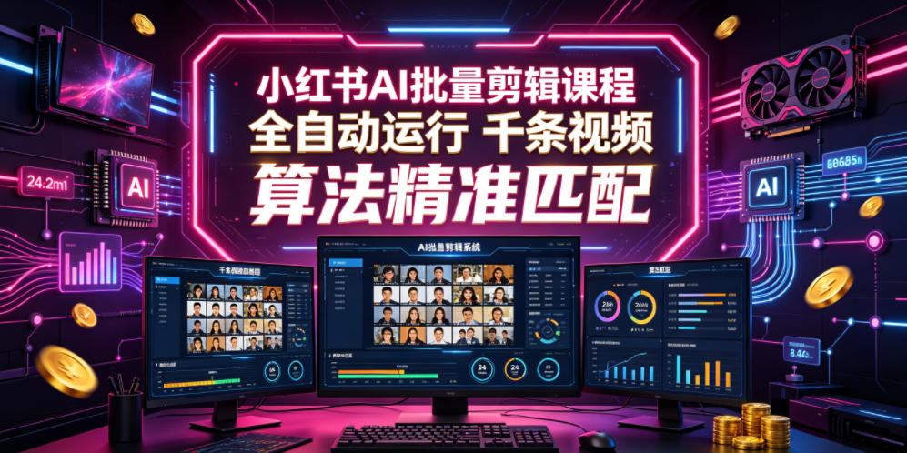 小红书AI批量剪辑课程，24小时全自动运行，解放双手专注运营，千条视频批量处理，小红书算法精准匹配-阿牛笔记