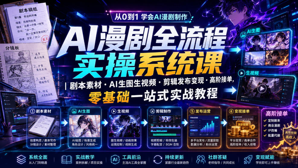 AI漫剧全流程实操系统课|剧本素材・AI生图生视频・剪辑发布变现・高阶接单,零基础一站式实战教程-阿牛笔记