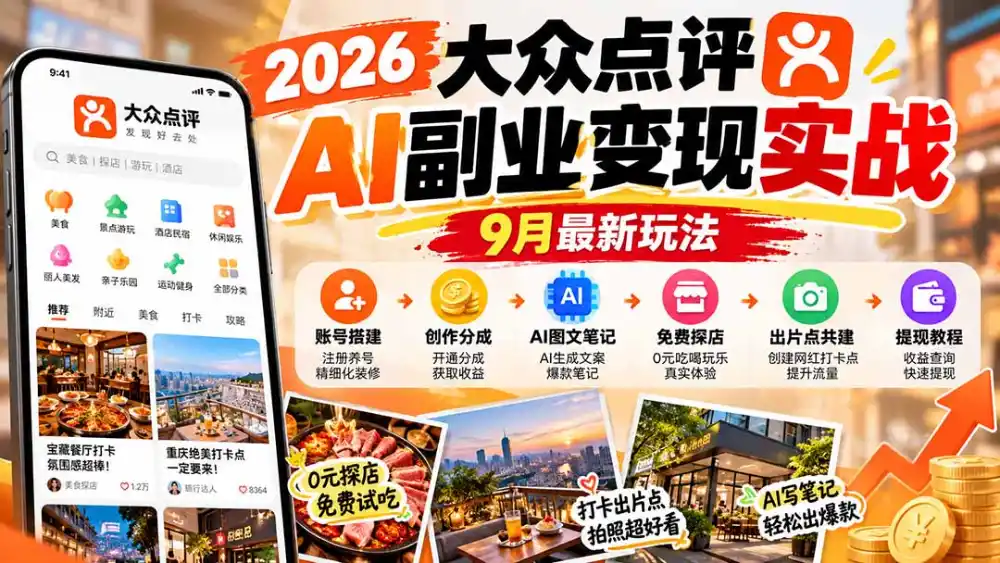 2026大众点评AI副业变现实战9月最新玩法：账号搭建+创作分成+AI图文笔记+免费探店+出片点共建与提现教程-阿牛笔记
