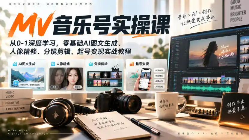 AI MV音乐号实操课,从0-1深度学习,零基础AI图文生成、人像精修、分镜剪辑、起号变现实战教程-阿牛笔记