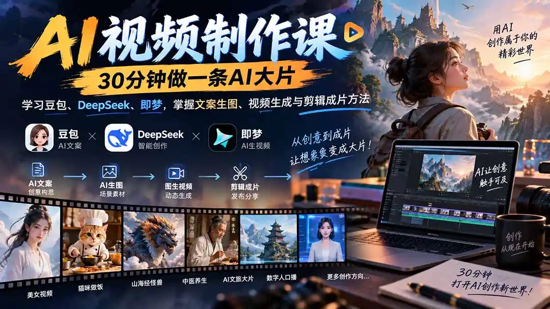 AI视频制作课-30分钟做一条AI大片:学习豆包、DeepSeek、即梦,掌握文案生图、视频生成与剪辑成片方法 AI视频制作课-30分钟做一条AI大片:学习豆包、DeepSeek、即梦,掌握文案生图、视频生成与剪辑成片方法
