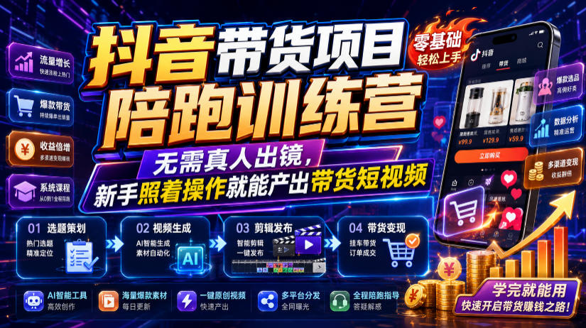 抖音带货项目陪跑训练营,无需真人出镜,新手照着操作就能产出带货短视频-阿牛笔记