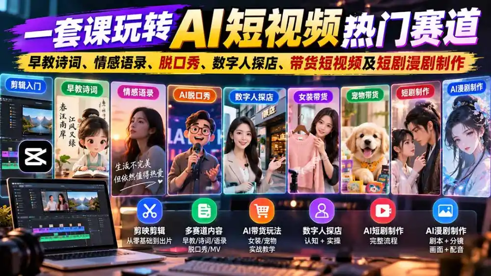 一套课玩转AI短视频热门赛道:早教诗词、情感语录、脱口秀、数字人探店、带货短视频及短剧漫剧制作 复制标题-阿牛笔记