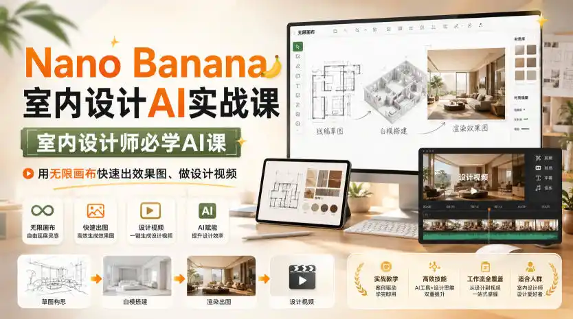 Nano Banana室内设计AI实战课，室内设计师必学AI课，用无限画布快速出效果图、做设计视频-阿牛笔记