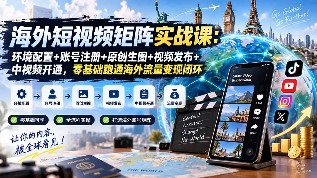 海外短视频矩阵实战课：环境配置+账号注册+原创生图+视频发布+中视频开通，零基础跑通海外流量变现闭环-阿牛笔记