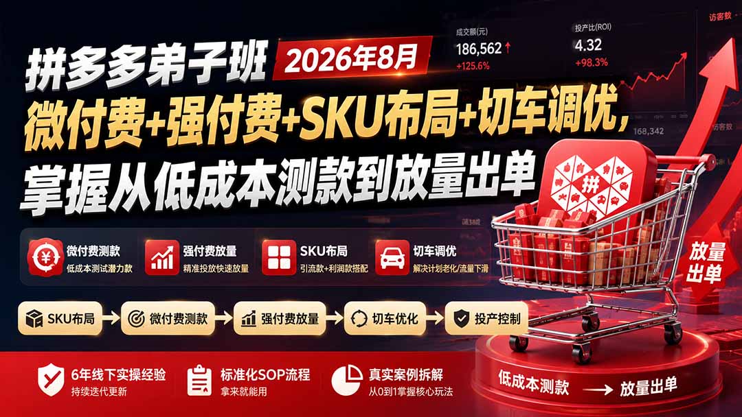 拼多多弟子班2026年8月：微付费+强付费+SKU布局+切车调优，掌握从低成本测款到放量出单-阿牛笔记