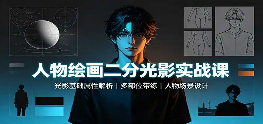 人物绘画二分光影实战课：光影基础属性解析，多部位带练，人物场景设计-阿牛笔记