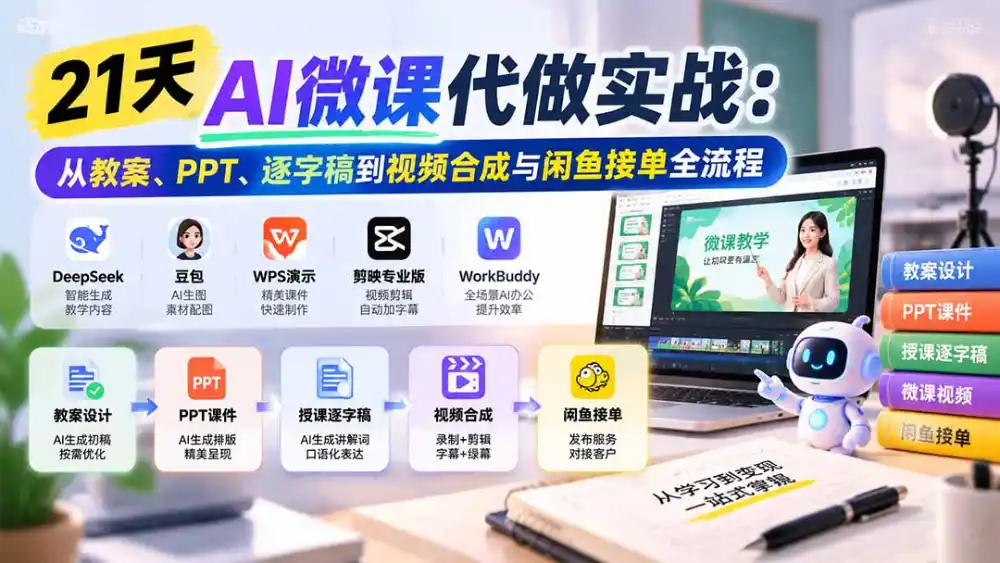 21天AI微课代做实战:从教案、PPT、逐字稿到视频合成与闲鱼接单全流程-阿牛笔记