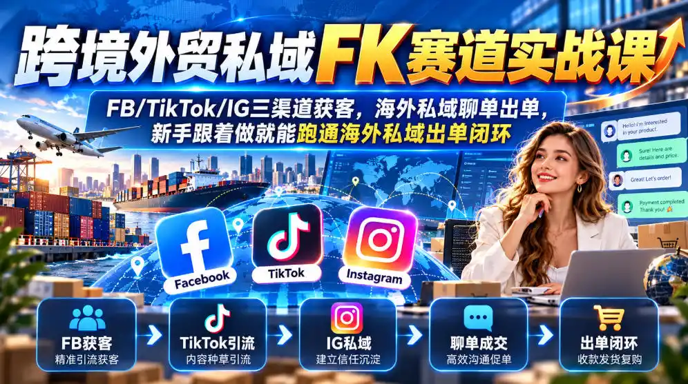 跨境外贸私域FK赛道实战课|FB/TikTok/IG三渠道获客,海外私域聊单出单,新手跟着做就能跑通海外私域出单闭环 跨境外贸私域FK赛道实战课|FB/TikTok/IG三渠道获客,海外私域聊单出单,新手跟着做就能跑通海外私域出单闭环