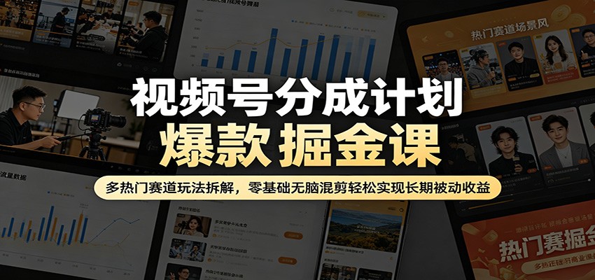 视频号分成计划爆款掘金课：多热门赛道玩法拆解，零基础无脑混剪轻松实现长期被动收益-阿牛笔记
