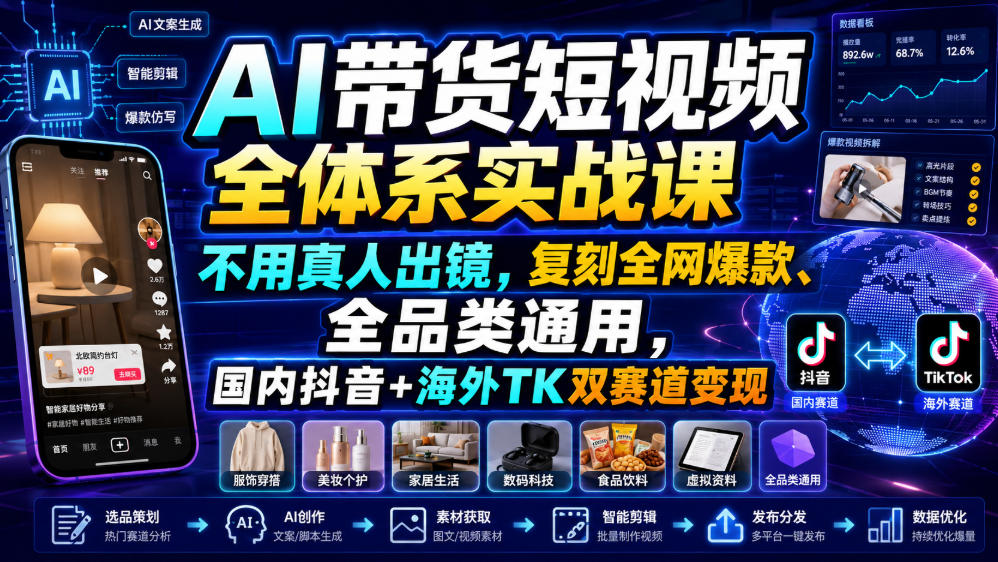 AI带货短视频全体系实战课，不用真人出镜，复刻全网爆款、全品类通用，国内抖音+海外TK双赛道变现-阿牛笔记